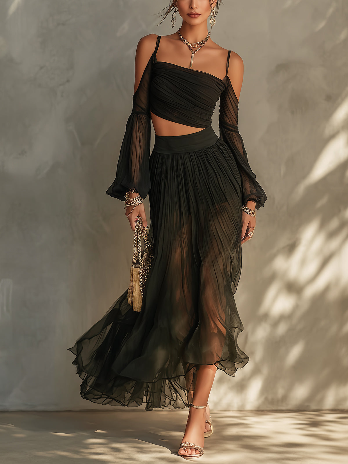Black Sheer Off Shoulder Chiffon Two-Piece Set