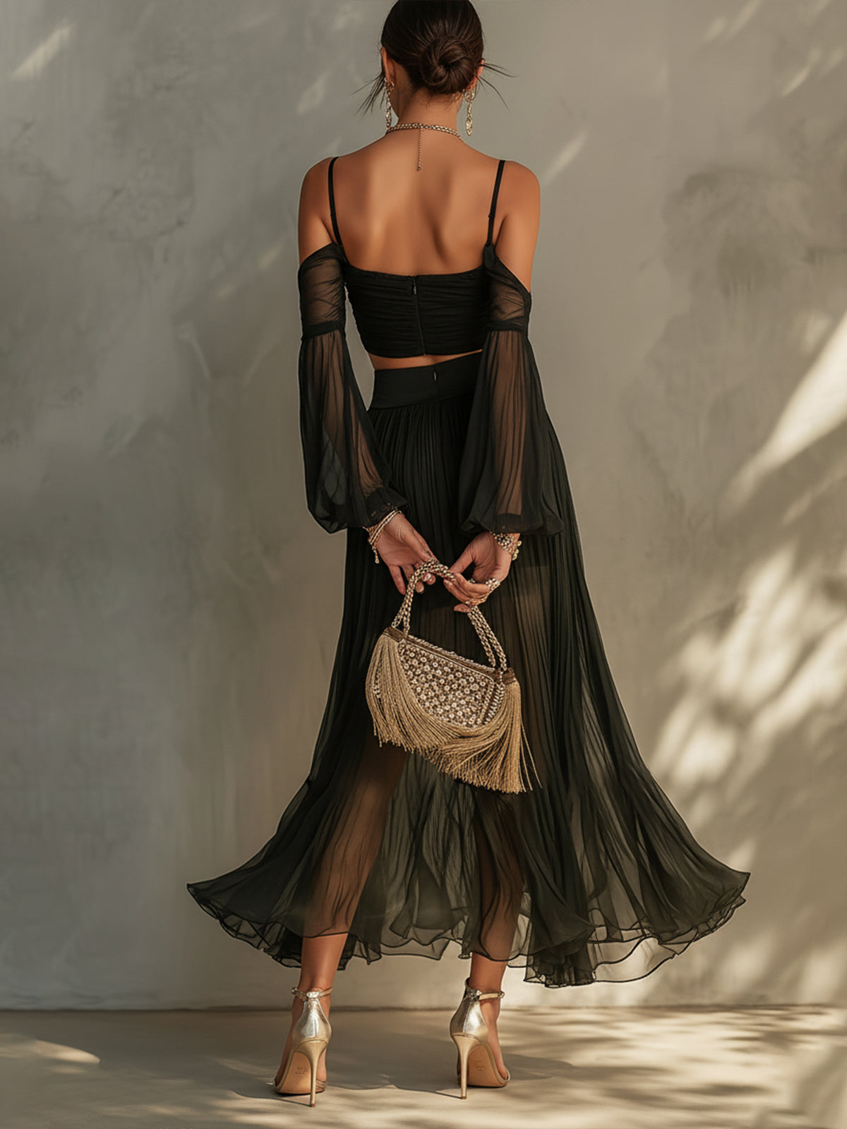 Black Sheer Off Shoulder Chiffon Two-Piece Set
