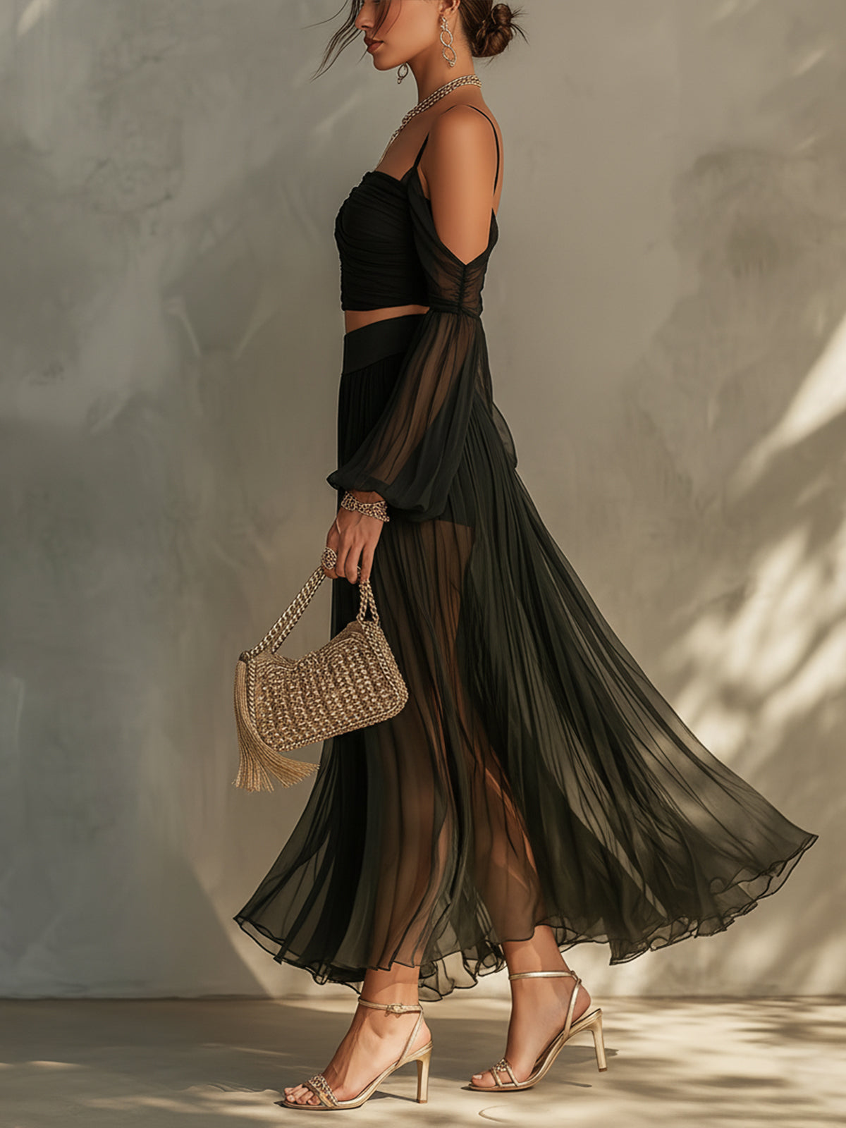 Black Sheer Off Shoulder Chiffon Two-Piece Set