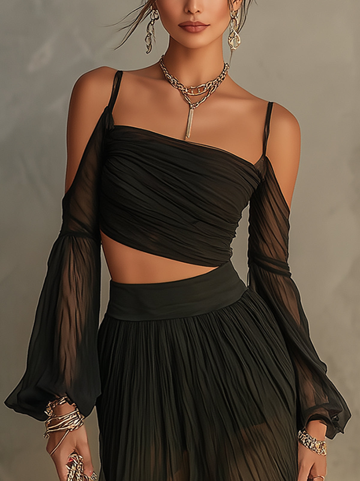 Black Sheer Off Shoulder Chiffon Two-Piece Set