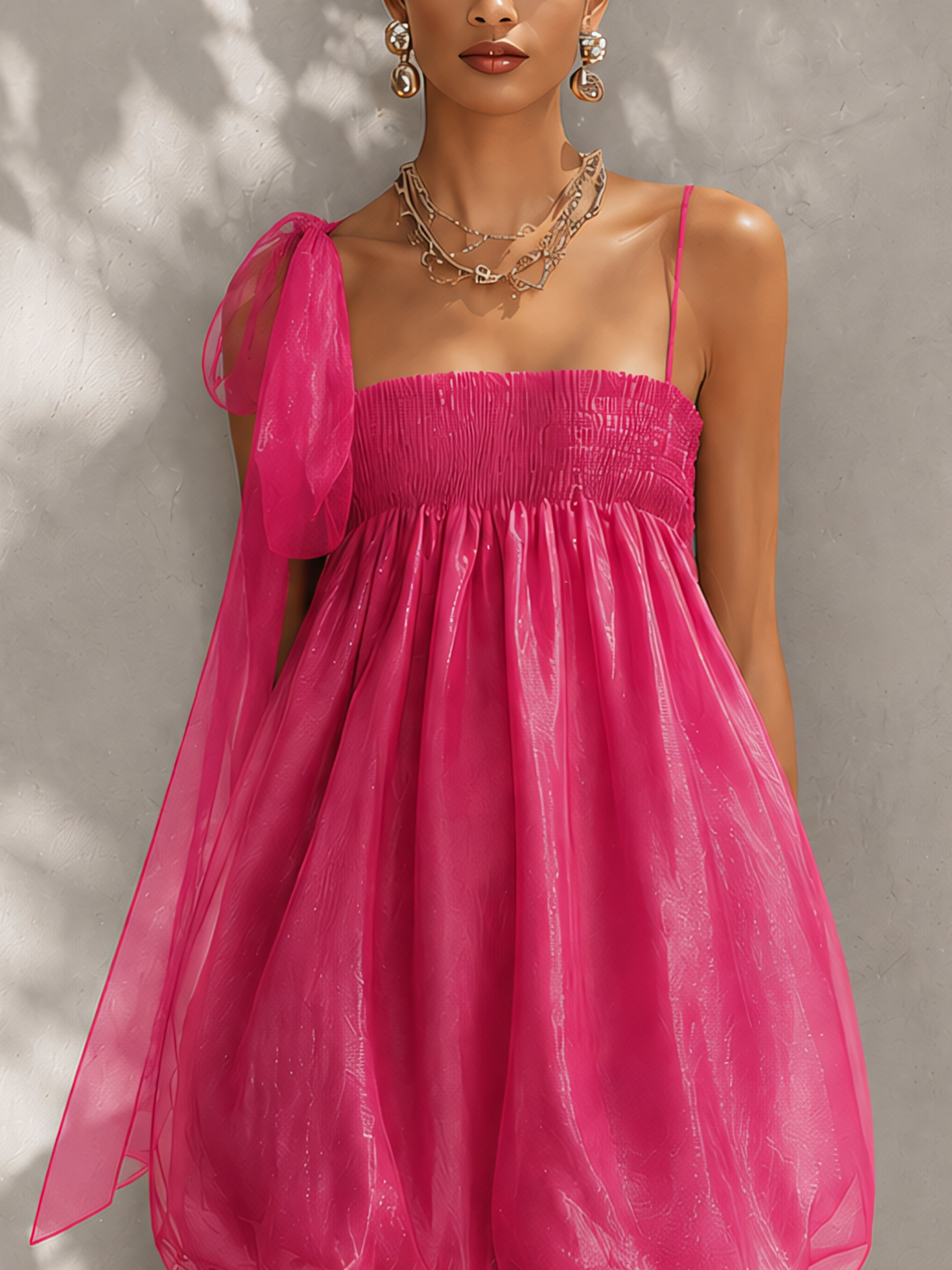 Shiny Hot Pink Chiffon Off-Shoulder Sleeveless Bubble Mini Dress