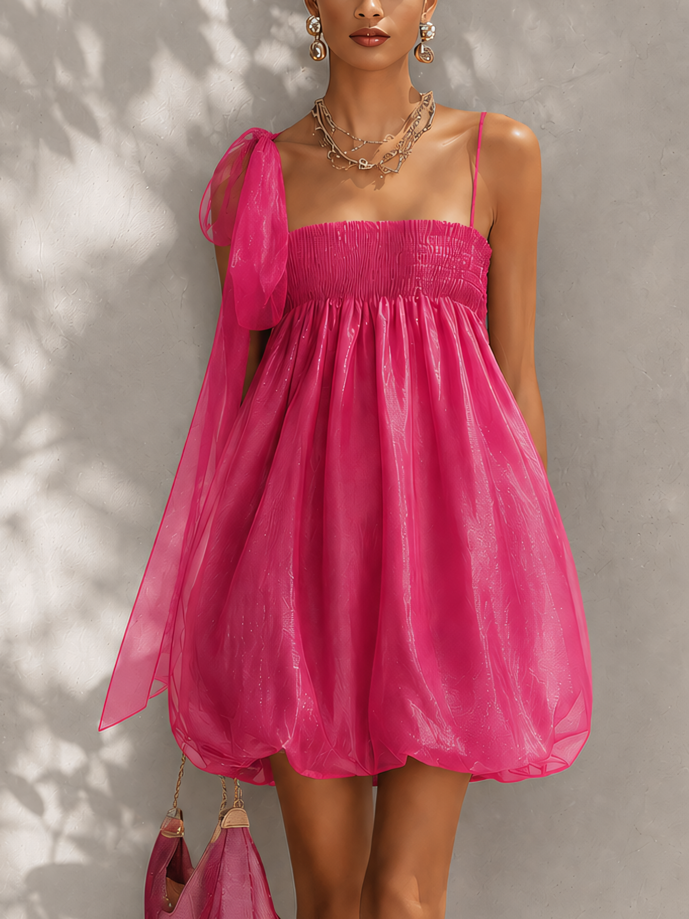 Shiny Hot Pink Chiffon Off-Shoulder Sleeveless Bubble Mini Dress