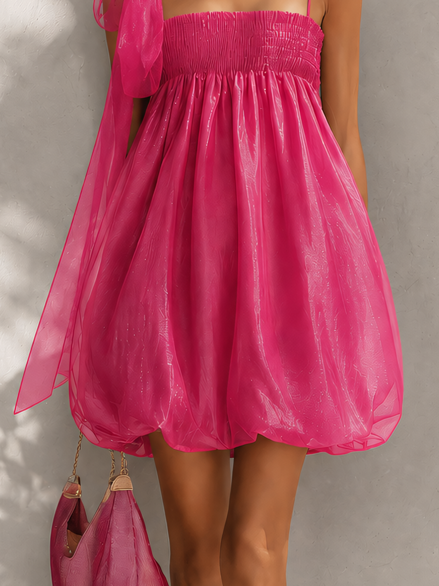 Shiny Hot Pink Chiffon Off-Shoulder Sleeveless Bubble Mini Dress