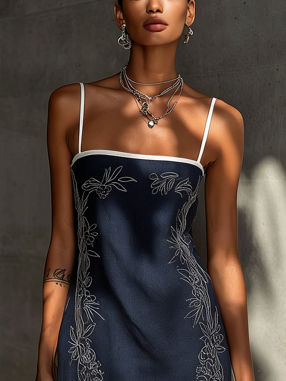 Navy Embroidered Spaghetti Strap Contrast Trim Mini Dress