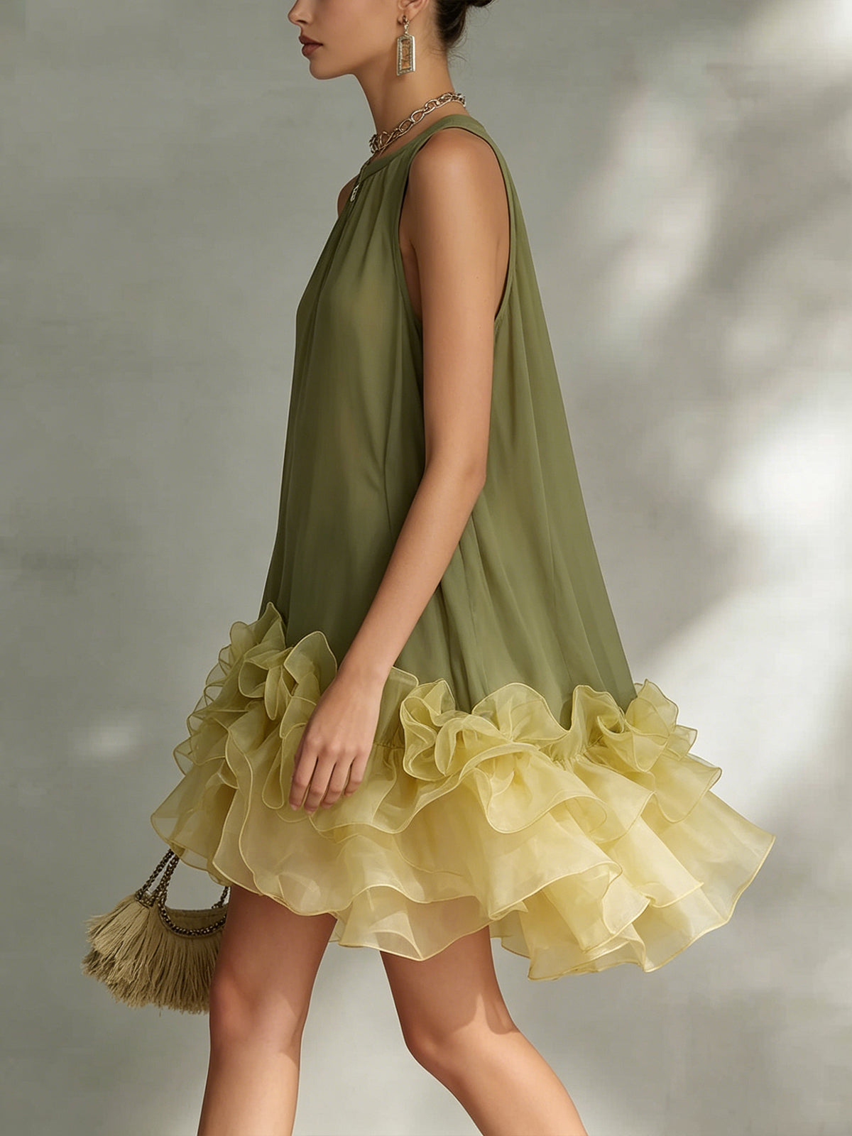 Olive Ruffled Chiffon Mini Dress