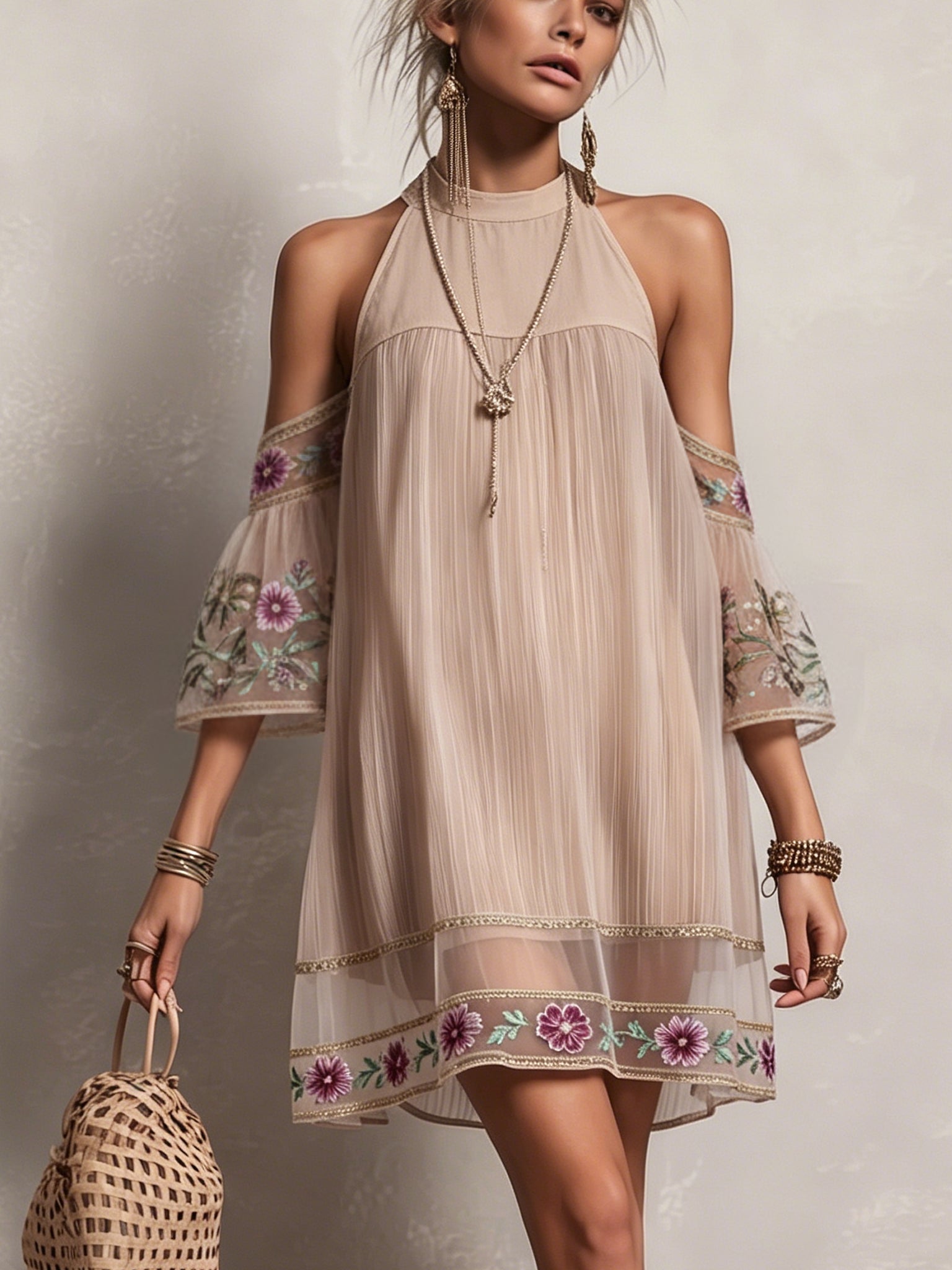 Blush Chiffon Embroidered Mini Dress