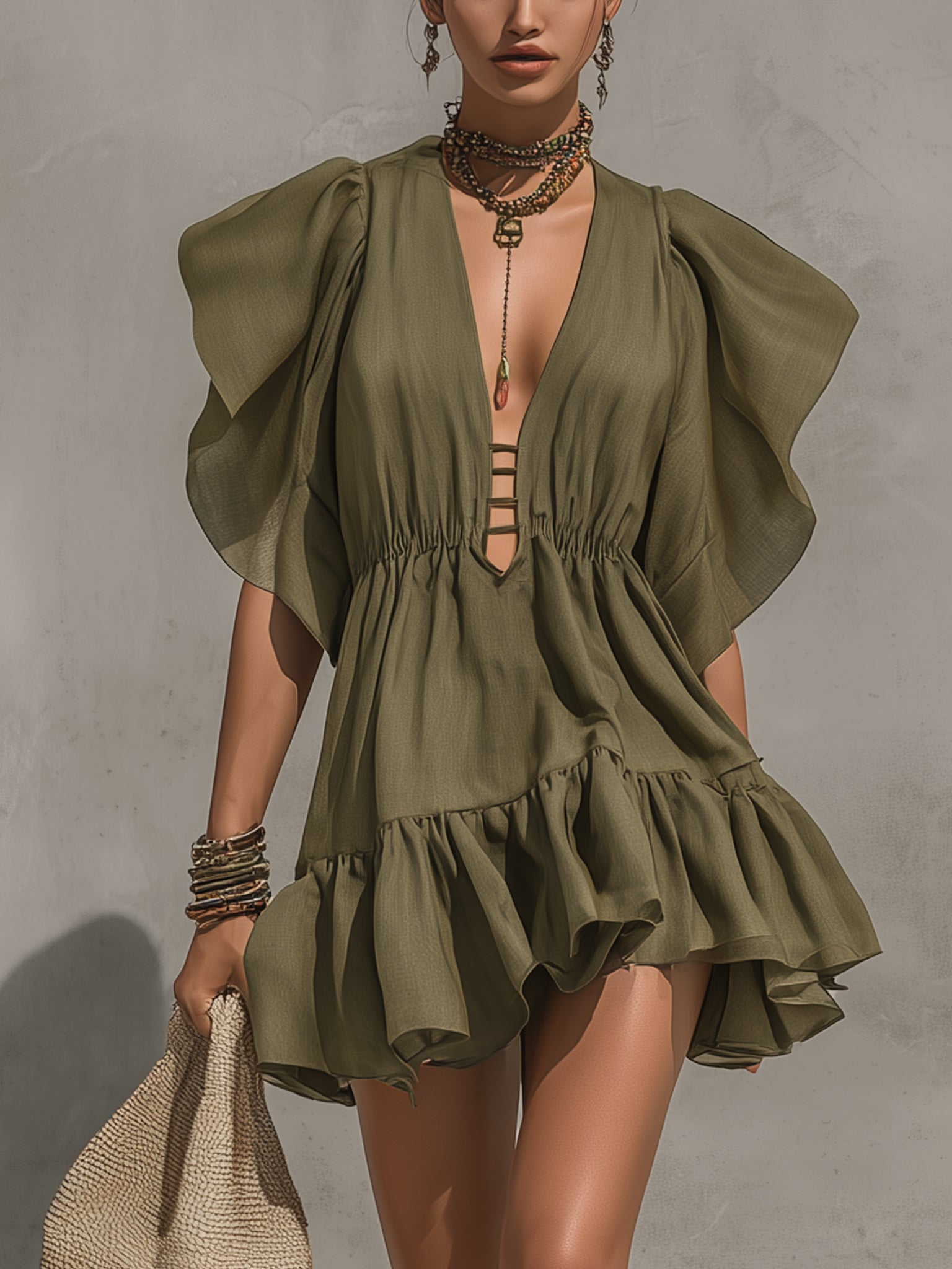 Olive Tencel Linen Blend Deep V-Neck Mini Dress