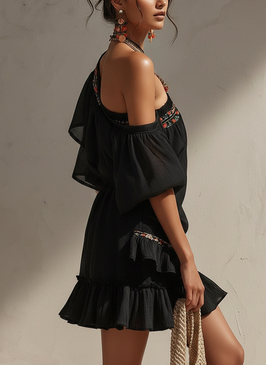 Black Asymmetric Chiffon Embroidered Mini Dress
