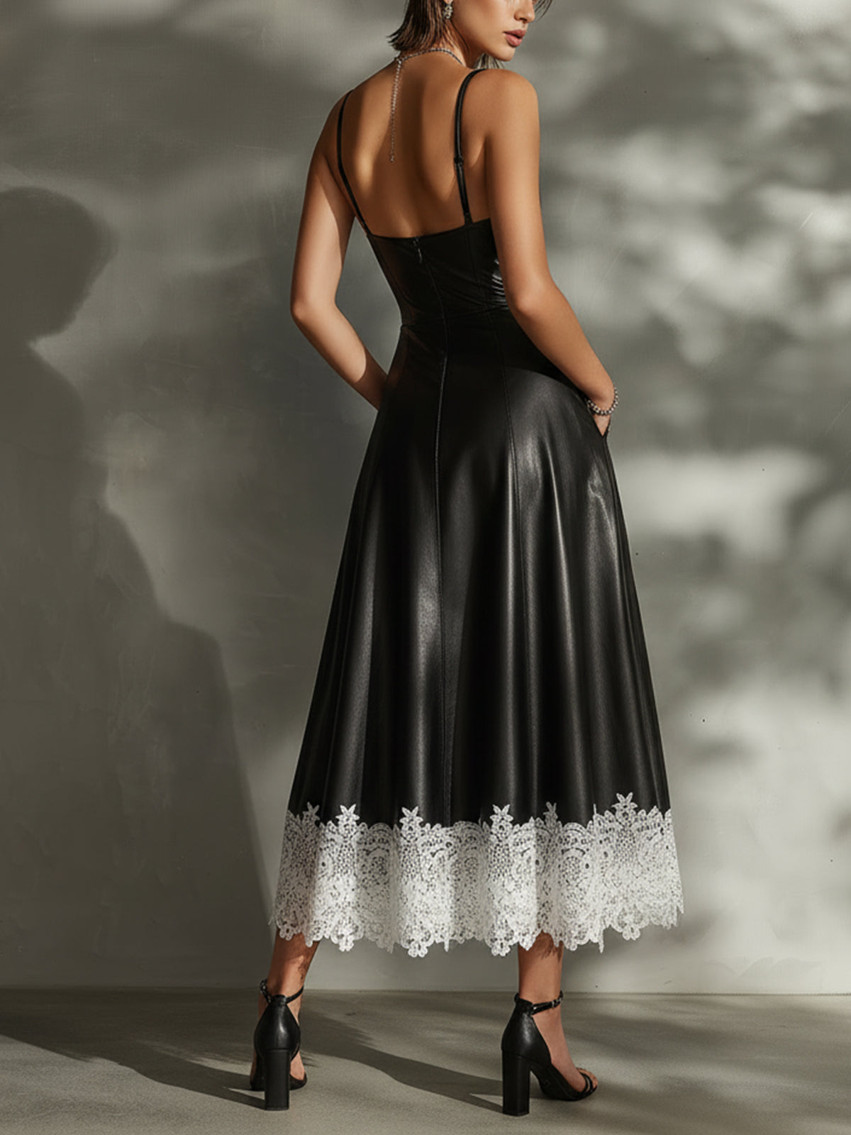 Black Faux Leather Lace-Trim Midi Dress