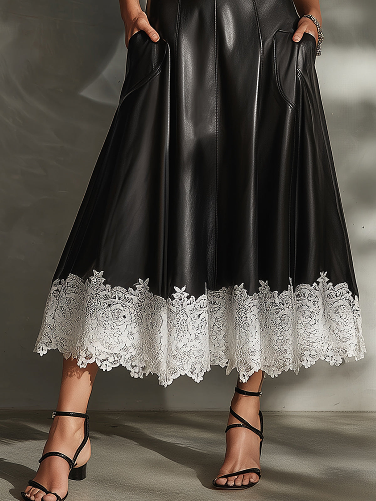 Black Faux Leather Lace-Trim Midi Dress