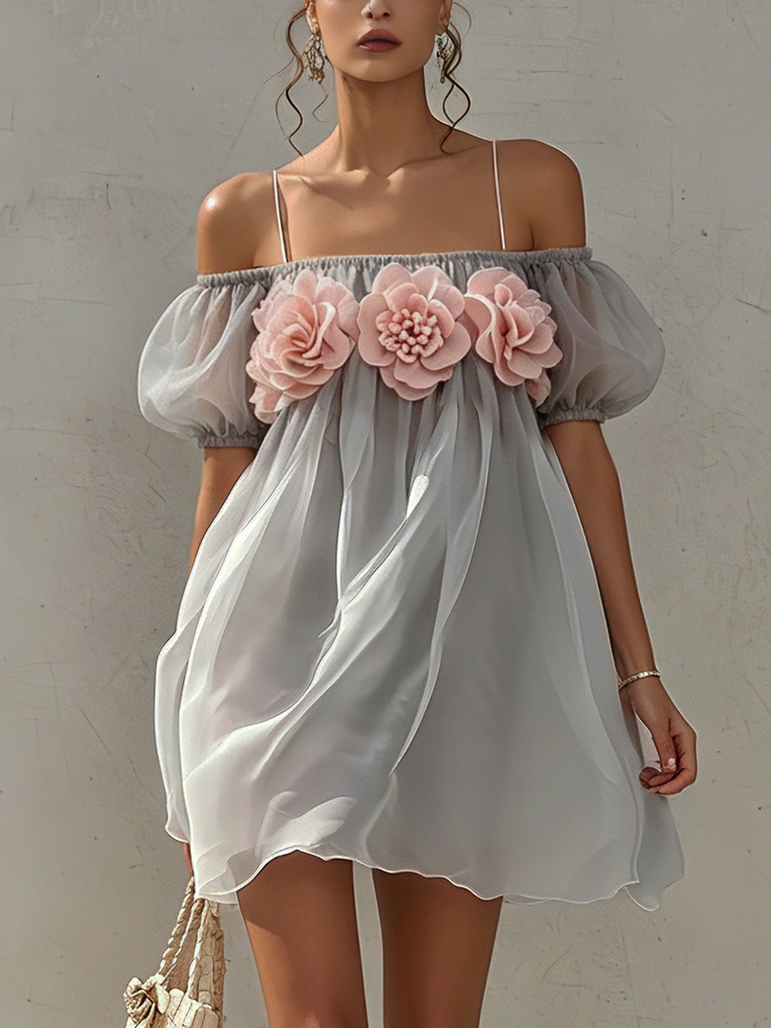 Light Gray Organza Pink 3D Floral  Mini Dress
