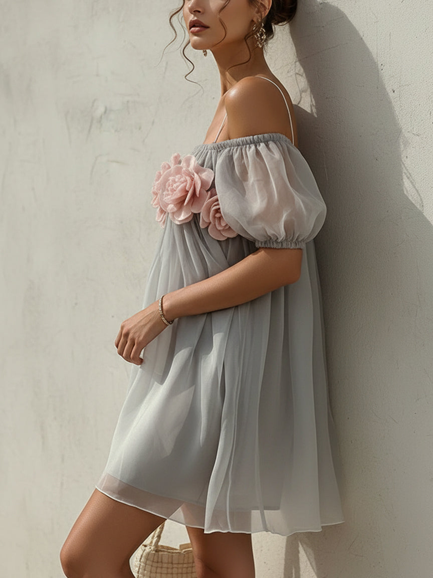 Light Gray Organza Pink 3D Floral  Mini Dress