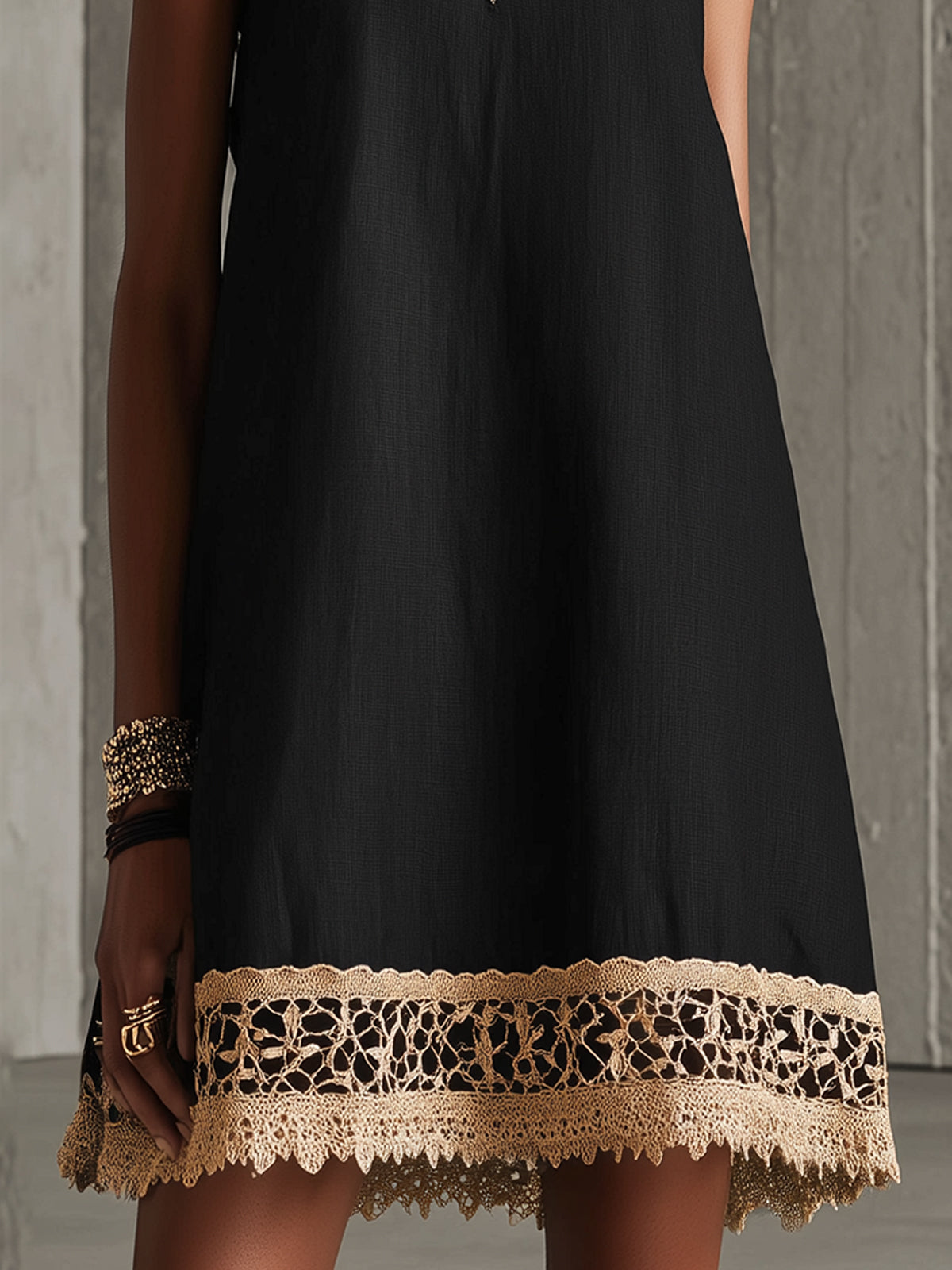 Black A-Line Mini Dress With Gold Crochet Trim
