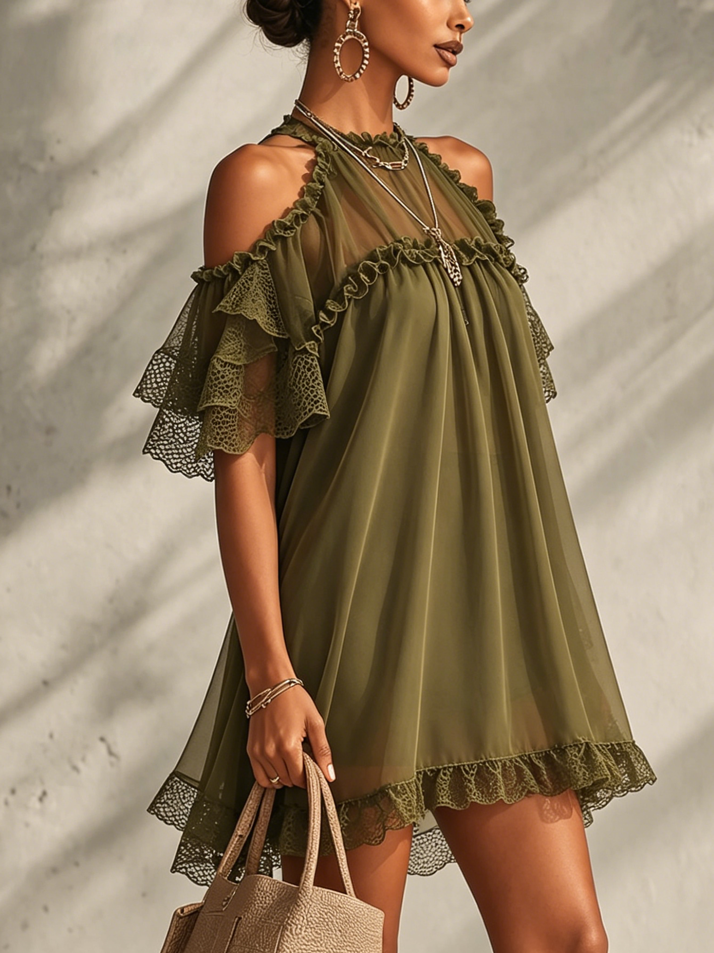 Olive Green Cold Shoulder Ruffle Chiffon Patchwork Mini Dress