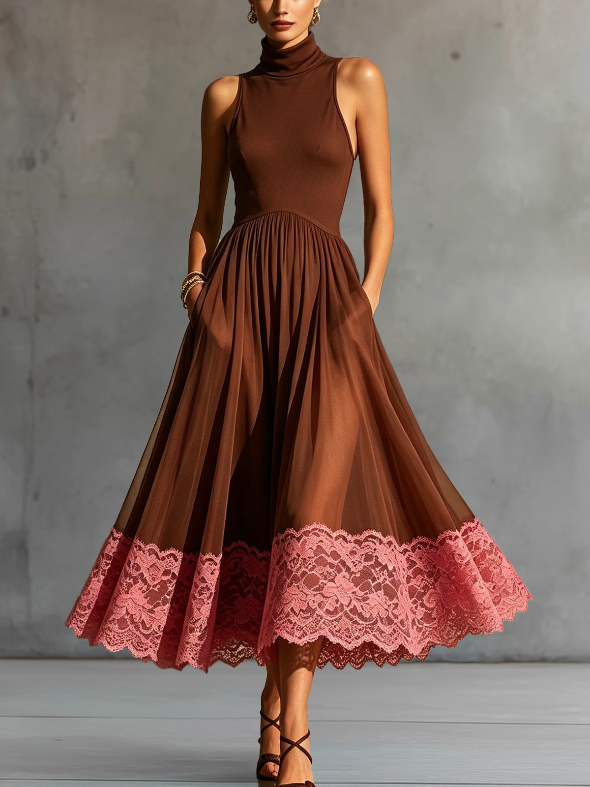 Brown High-Neck Mesh Midi Dress With Pink Lace Hem