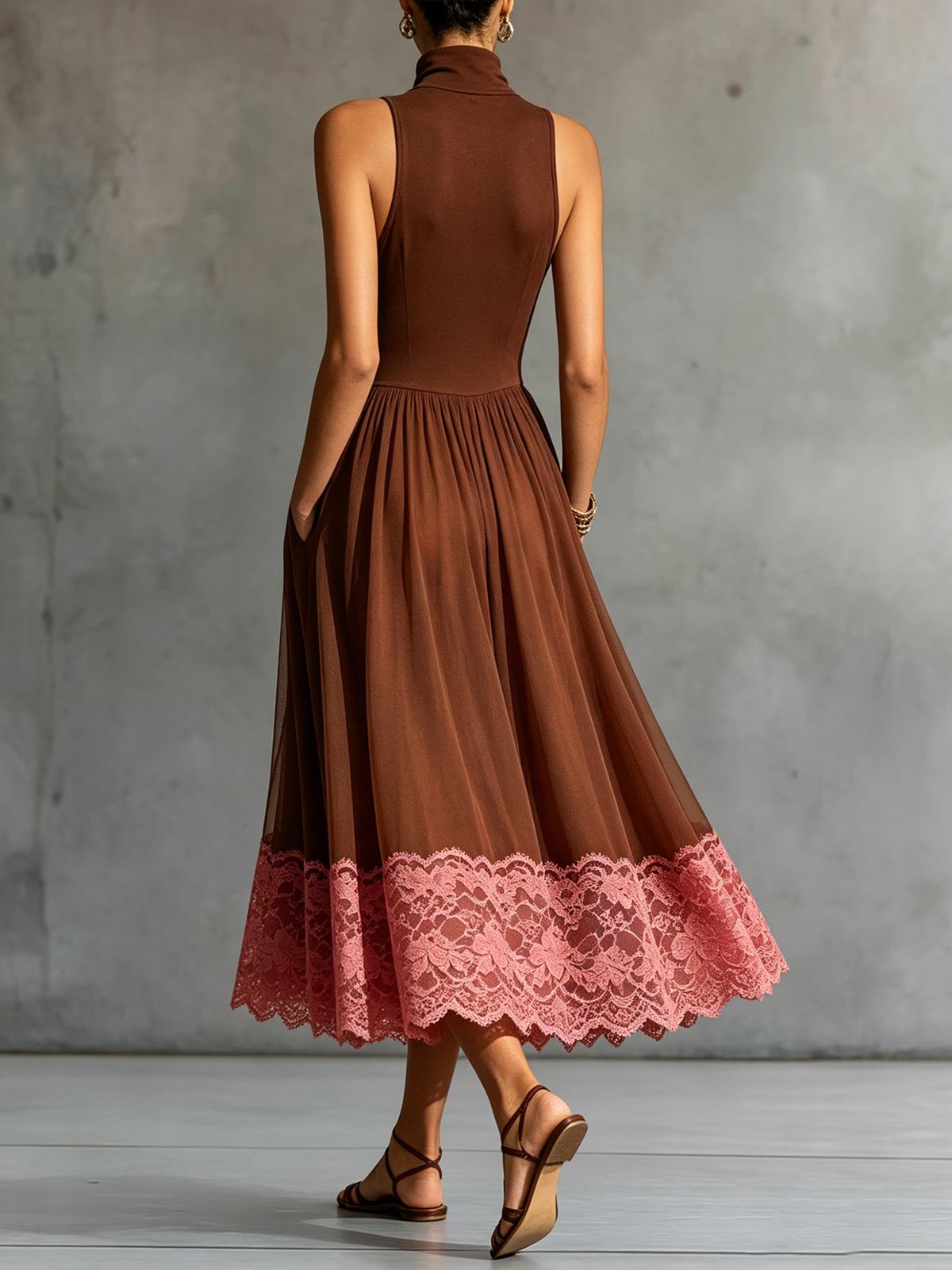 Brown High-Neck Mesh Midi Dress With Pink Lace Hem