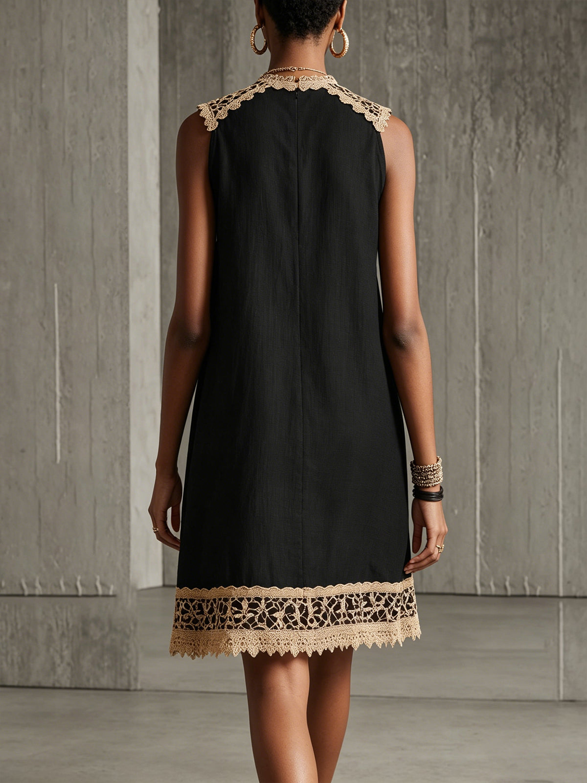 Black A-Line Mini Dress With Gold Crochet Trim