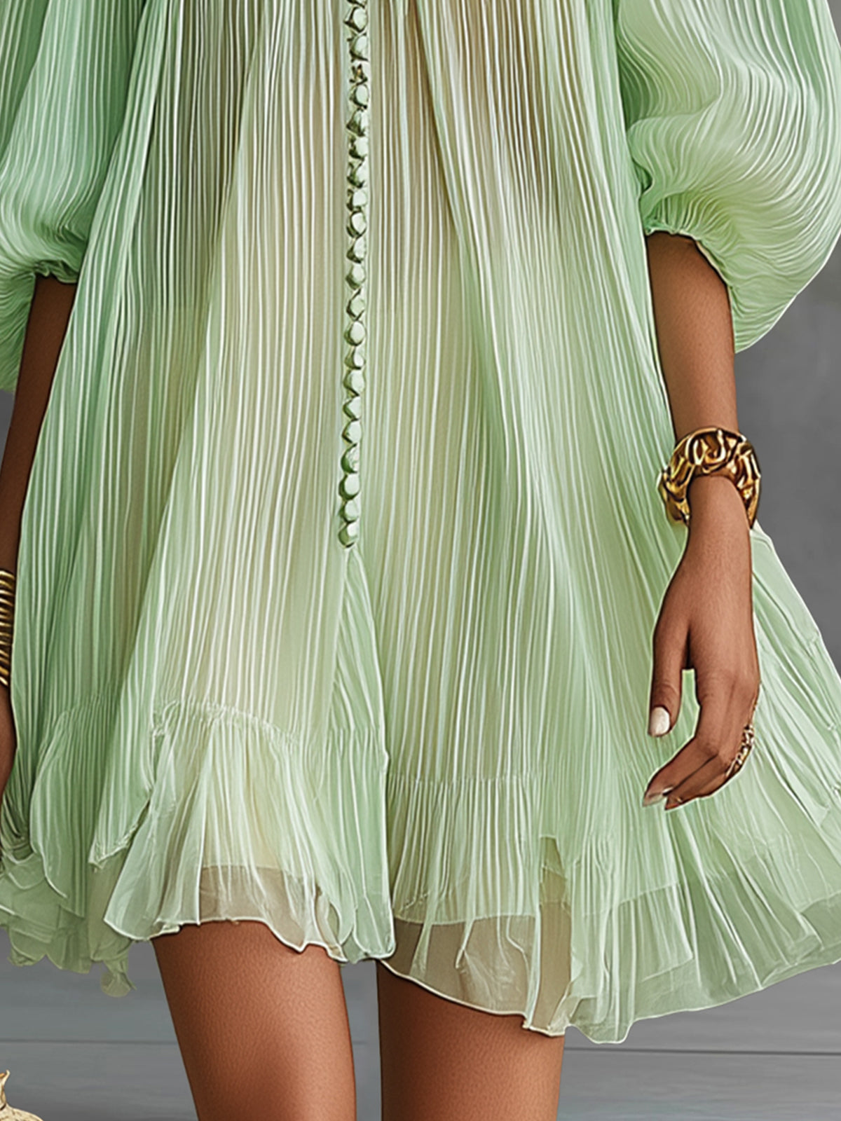 Mint Pleated Chiffon Lantern-Sleeve Mini Dress
