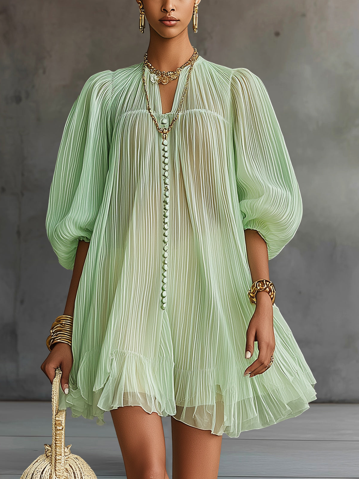 Mint Pleated Chiffon Lantern-Sleeve Mini Dress
