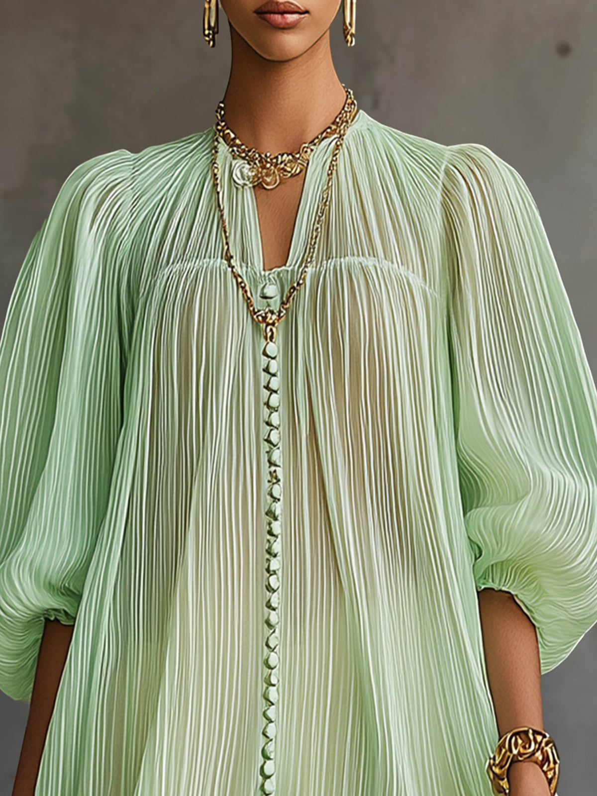 Mint Pleated Chiffon Lantern-Sleeve Mini Dress