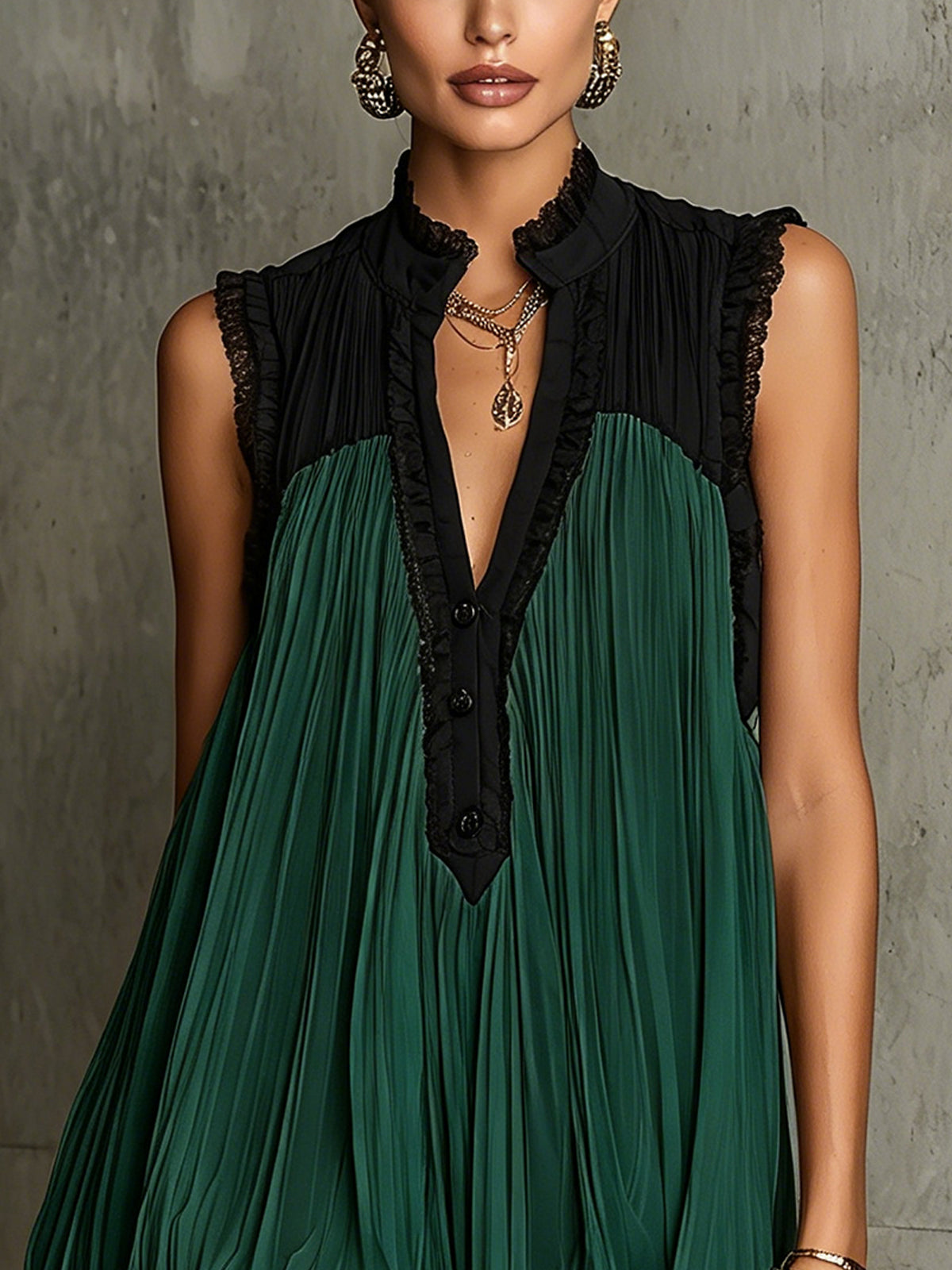 Green Pleated Chiffon Mini Dress With Black Lace Trim