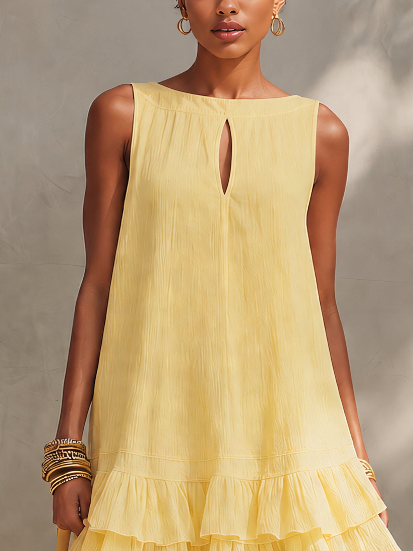 Light Yellow Textured Sleeveless Mini Dress With Ruffle Hem