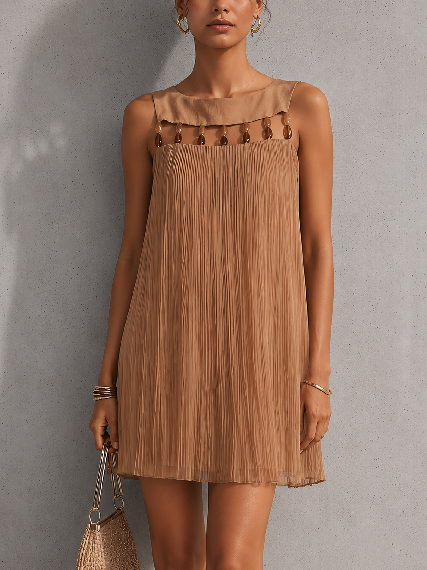 Camel Pleated Chiffon Beaded Panel Mini Dress