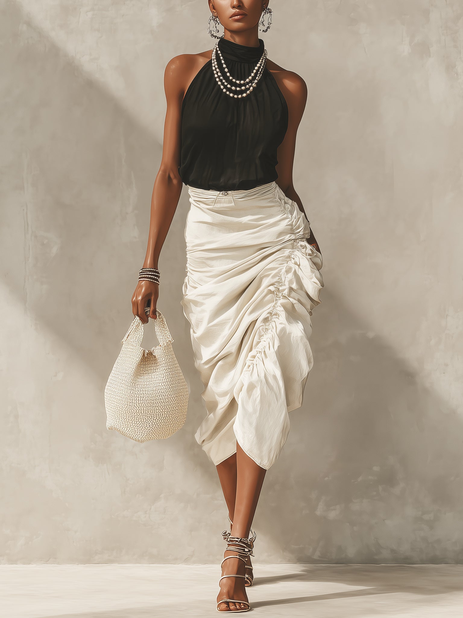 Black Halter Top And Ivory Ruched Midi Skirt Set