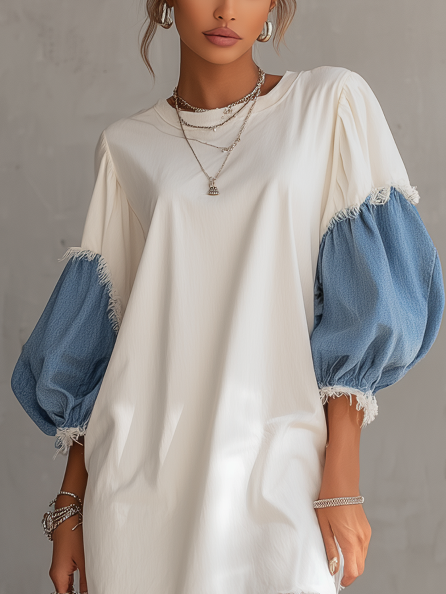 White Contrast Denim Sleeve Frayed Hem Mini Dress