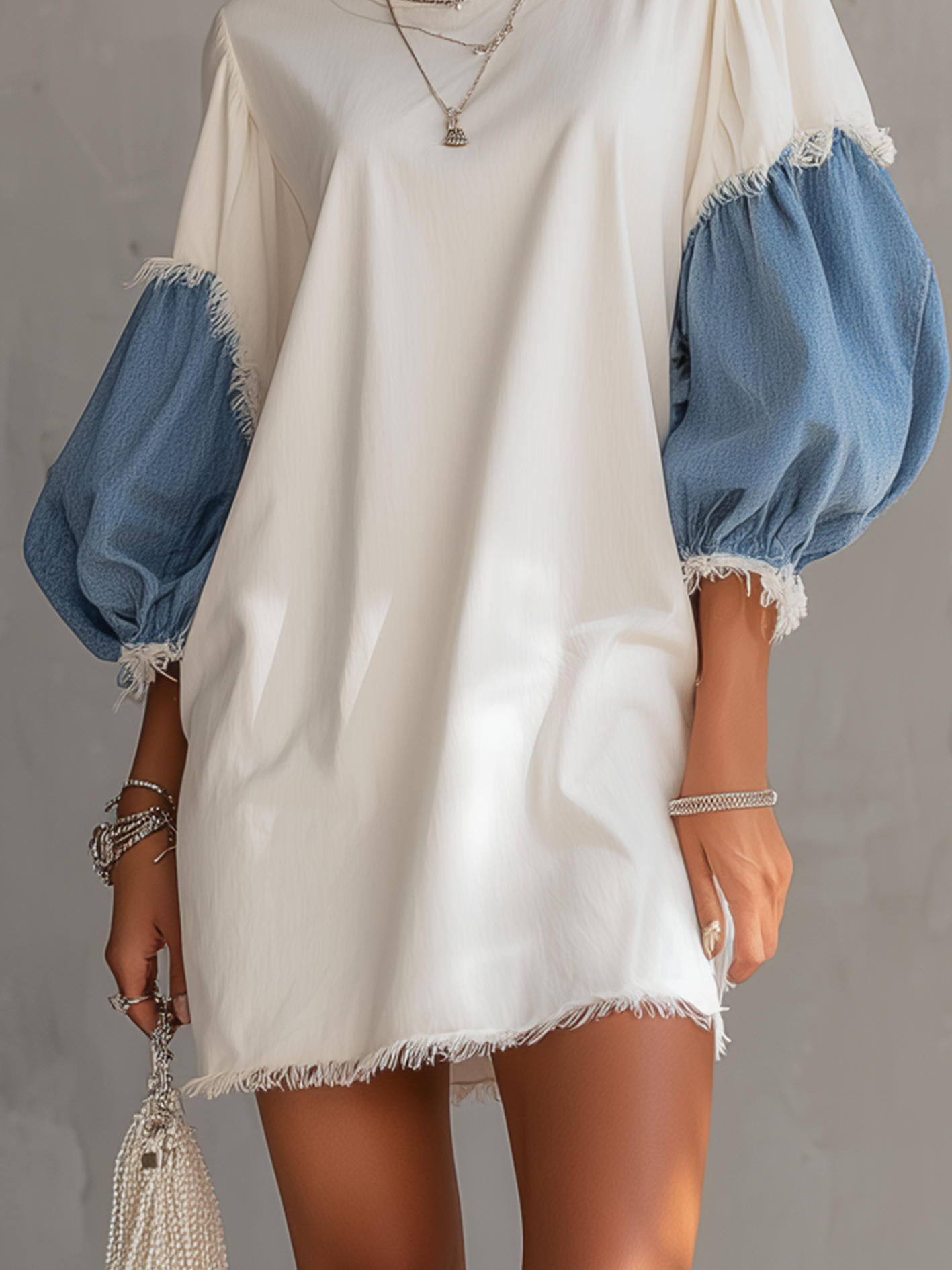 White Contrast Denim Sleeve Frayed Hem Mini Dress