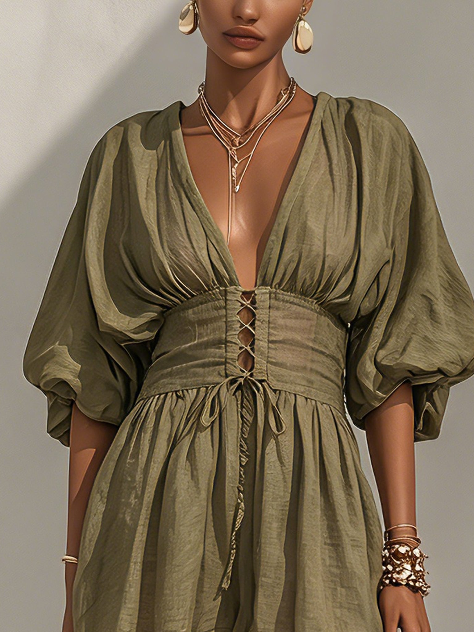 Green Linen Blend Puff Sleeve Mini Dress