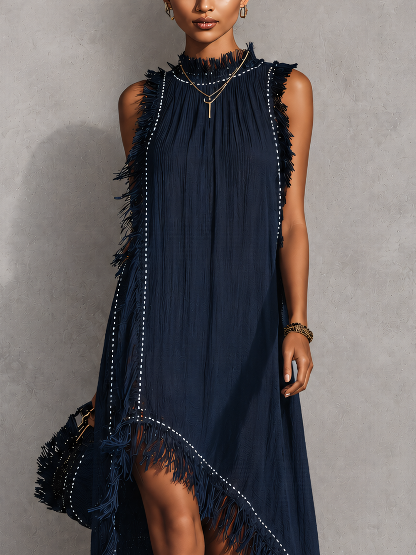 Navy Blue Sleeveless Tassel Trim Maxi Dress With Ribbon Detailing