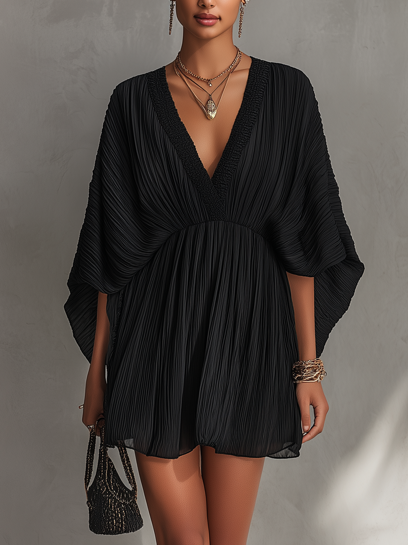 Black Textured Pleated V-Neck Mini Dress With Ribbon