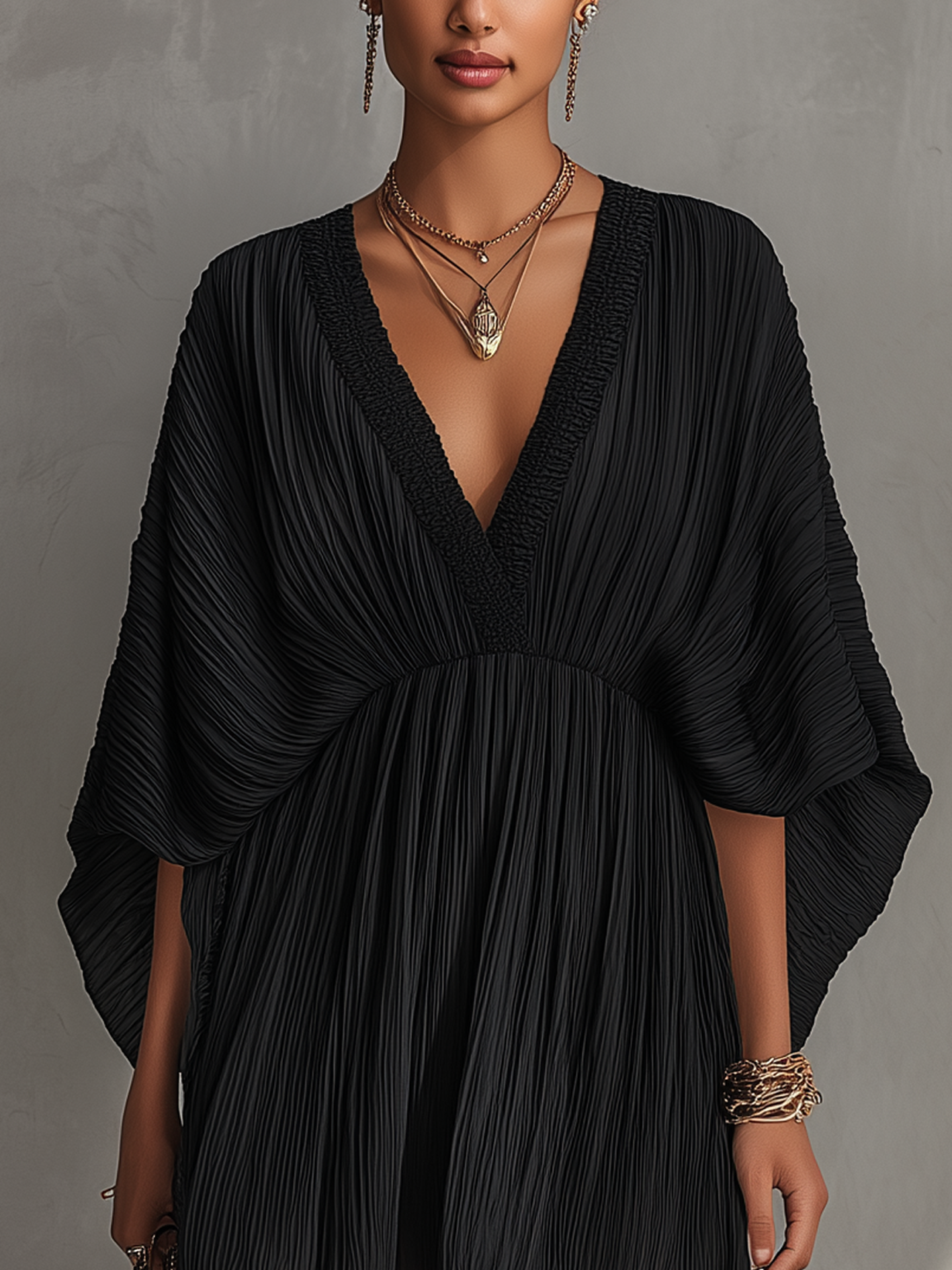Black Textured Pleated V-Neck Mini Dress With Ribbon