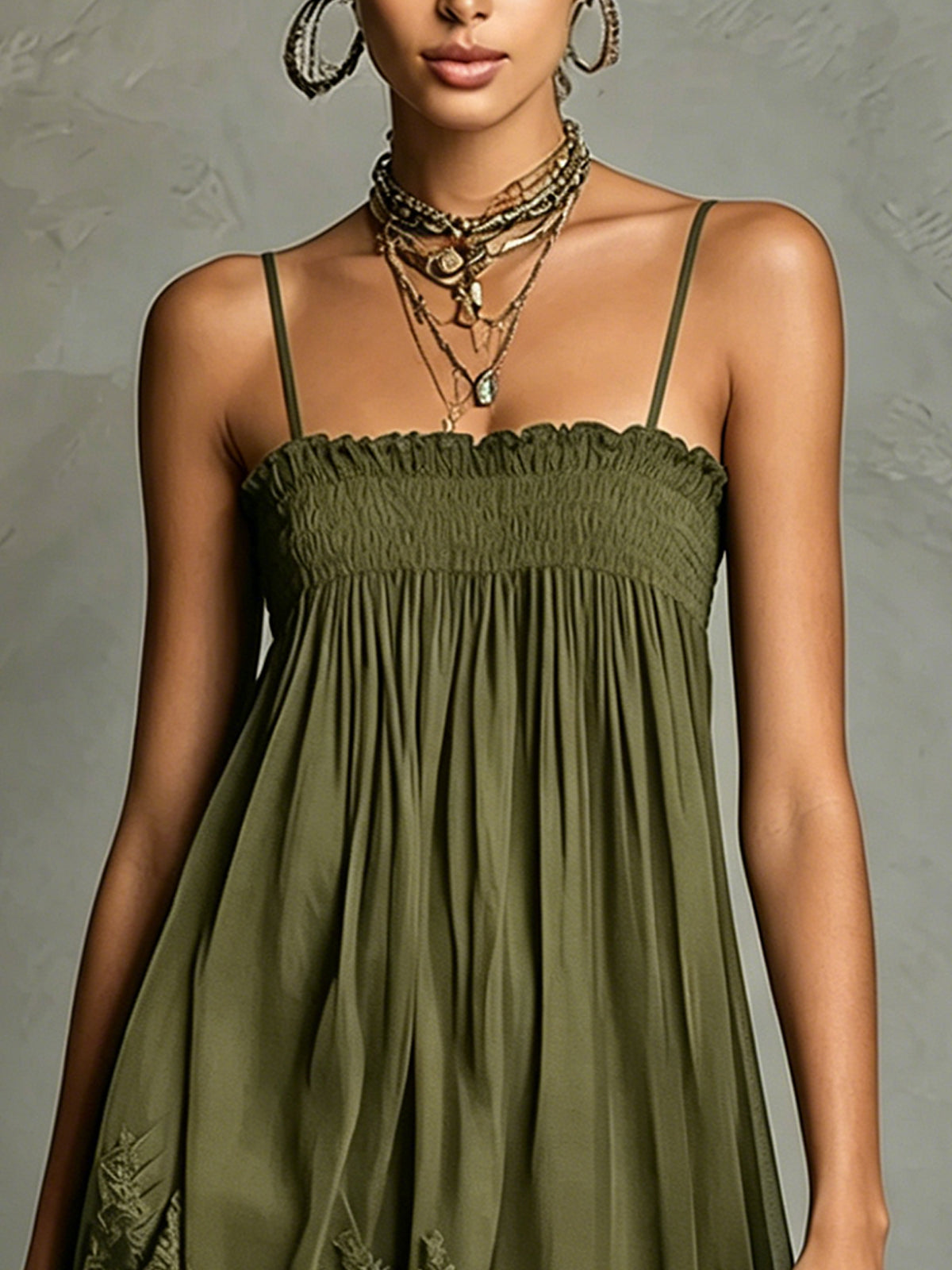 Olive Green Smocked Spaghetti Strap Mini Dress With Lace Hem Detail