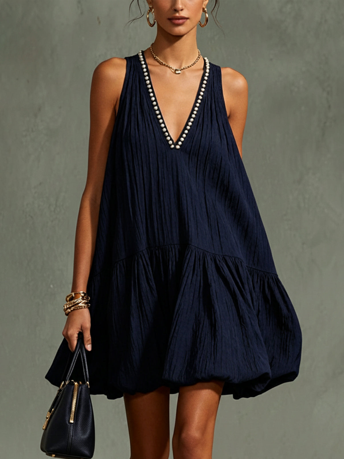 Navy Blue Sleeveless V-Neck Mini Dress With Pearl Trim Detail