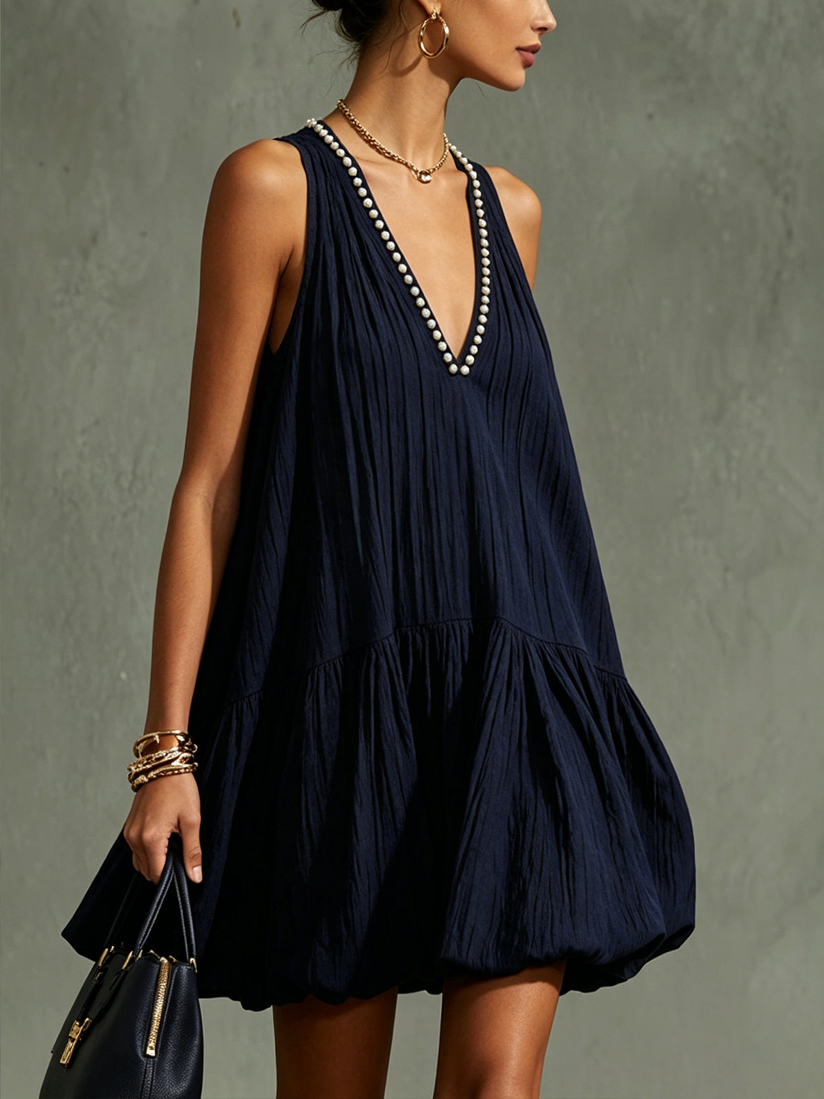 Navy Blue Sleeveless V-Neck Mini Dress With Pearl Trim Detail