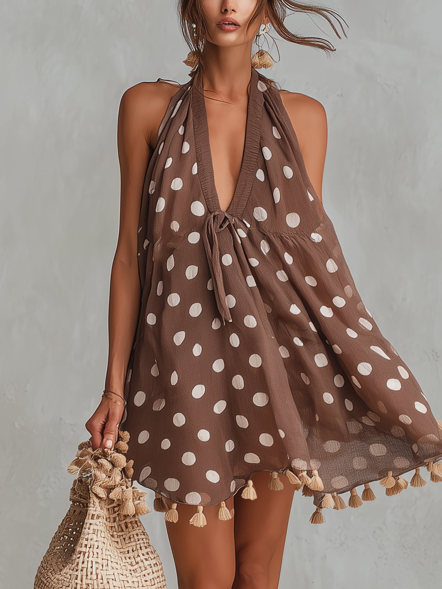 Brown Polka Dot Chiffon Tassel Mini Dress