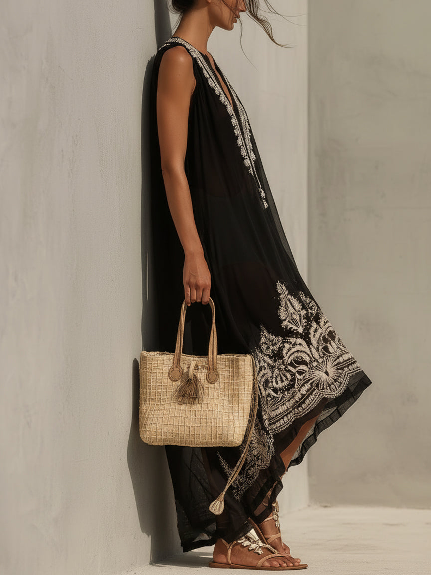 Black Deep V-Neck Chiffon Embroidered Maxi Dress