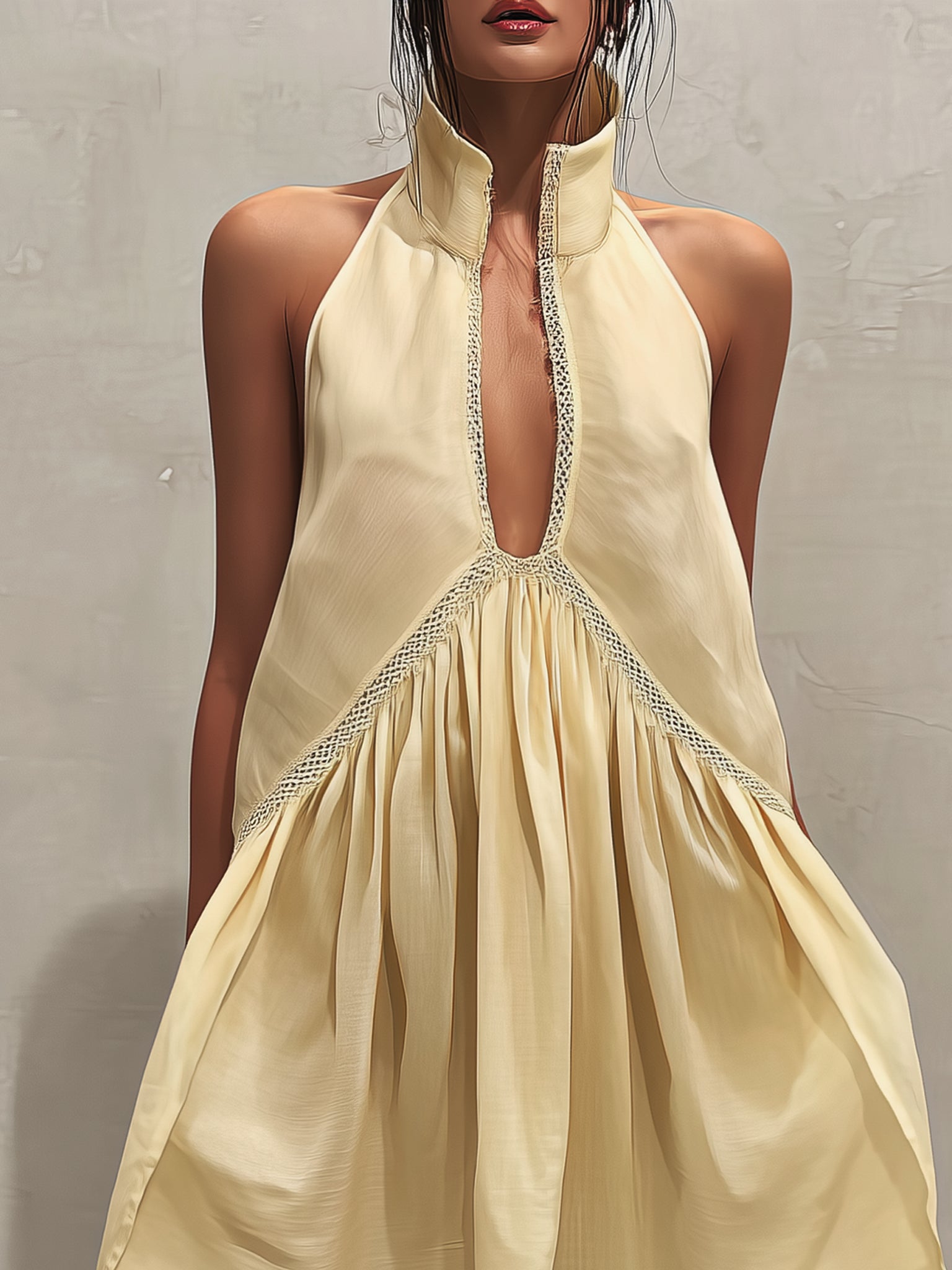 Yellow Linen Blend Deep V-Neck Sleeveless Mini Dress