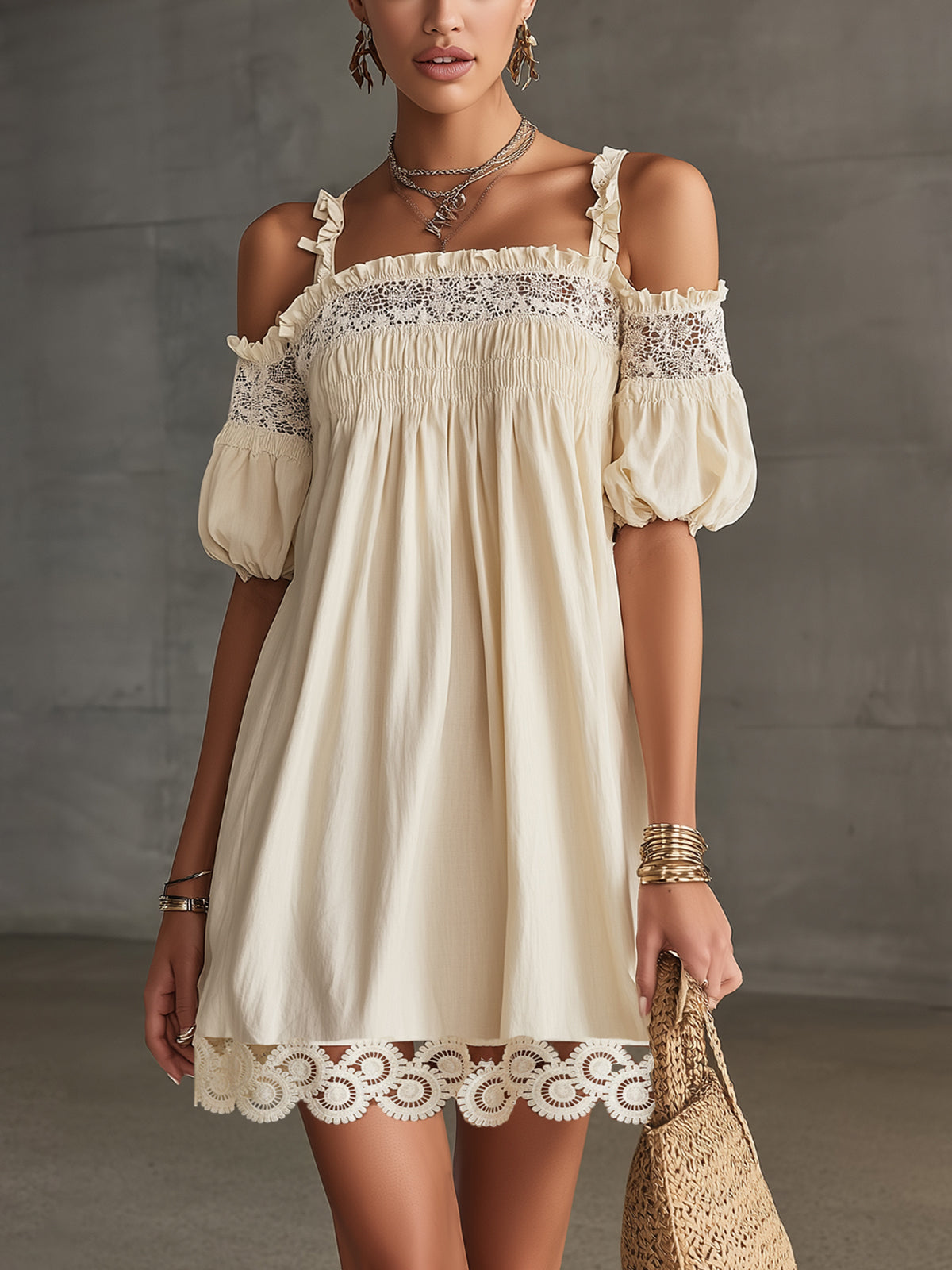 Cream Off-Shoulder Mini Dress With Crochet Lace Trim And Puff Sleeves