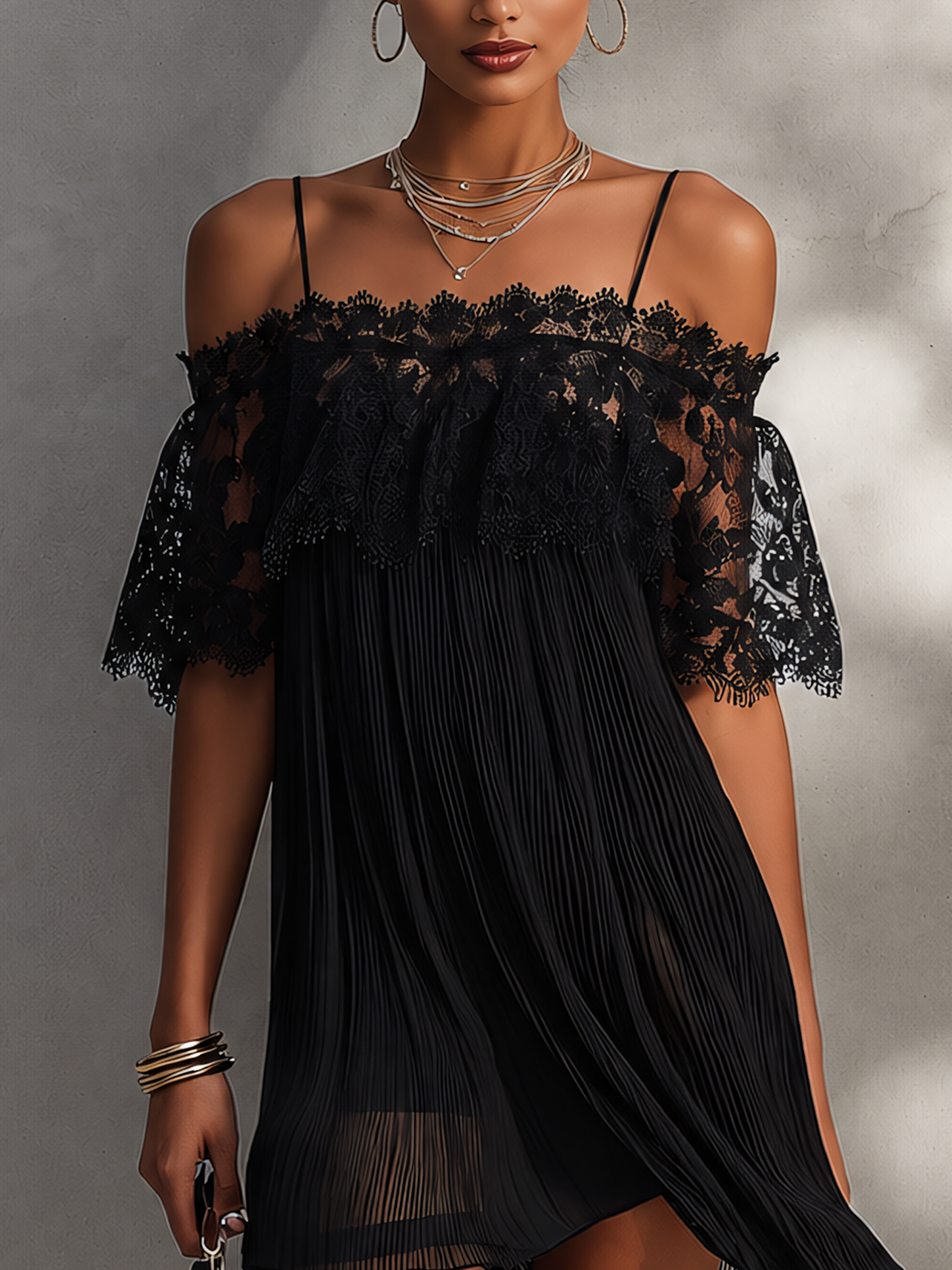 Black Lace Patchwork Pleated Chiffon Off-Shoulder Mini Dress