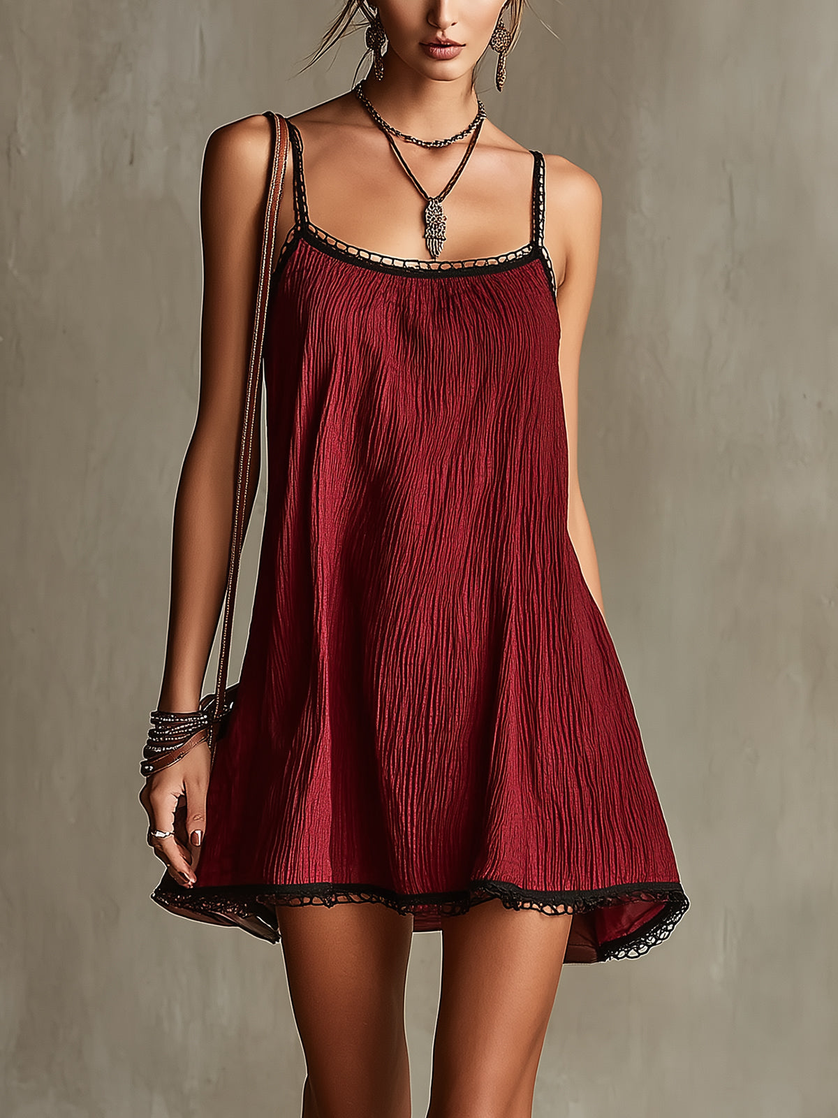 Wine Red Textured Spaghetti Strap Mini Dress with Black Lace Trim