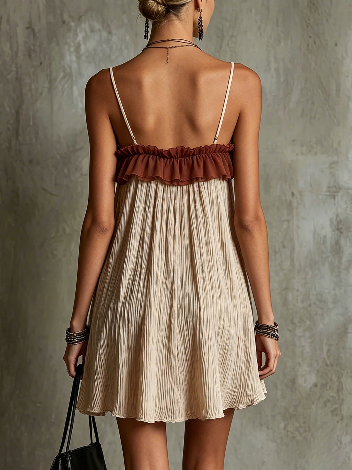 Beige Pleated Spaghetti Strap Mini Dress With Rust Ruffle Detail