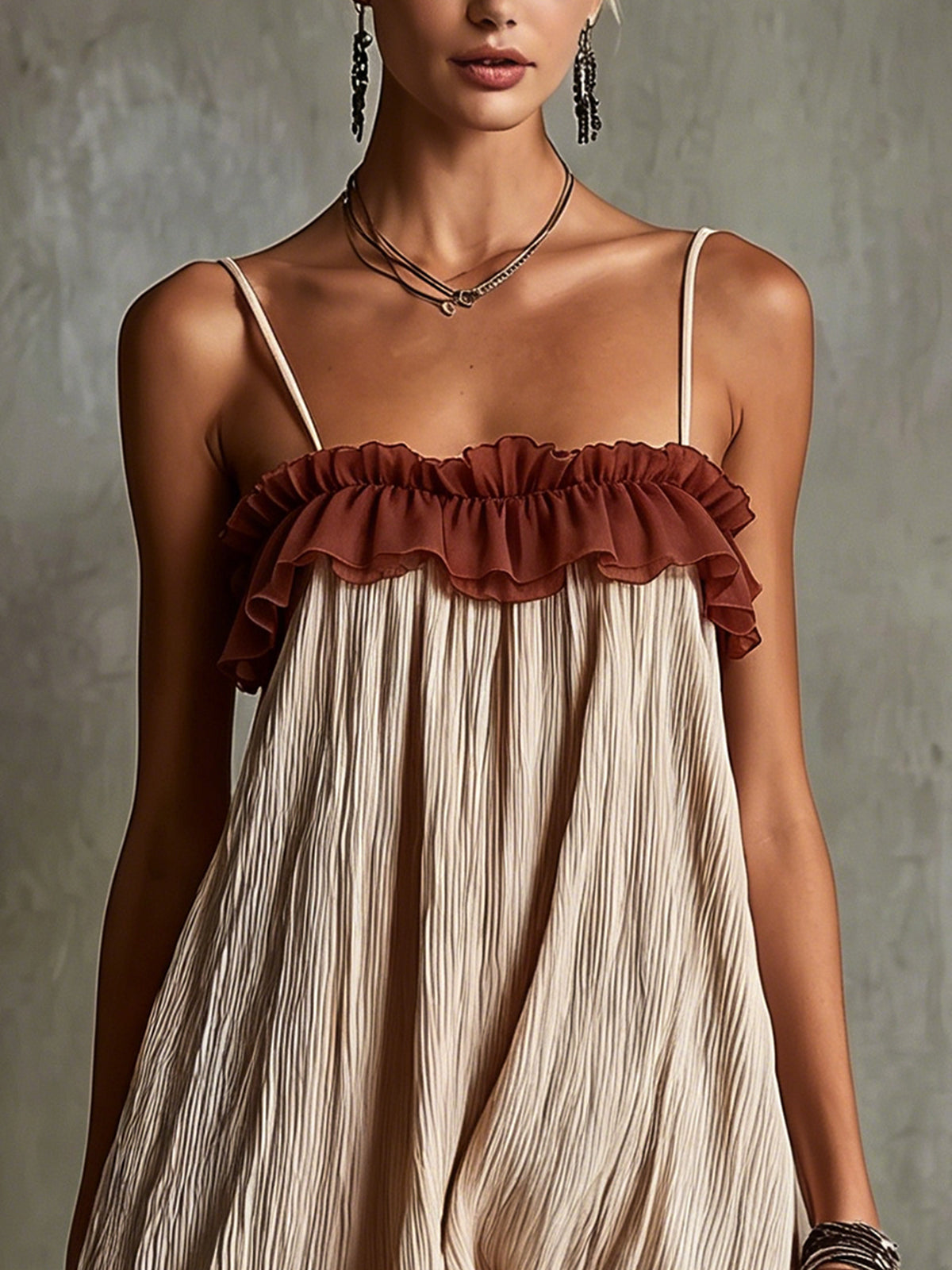 Beige Pleated Spaghetti Strap Mini Dress With Rust Ruffle Detail