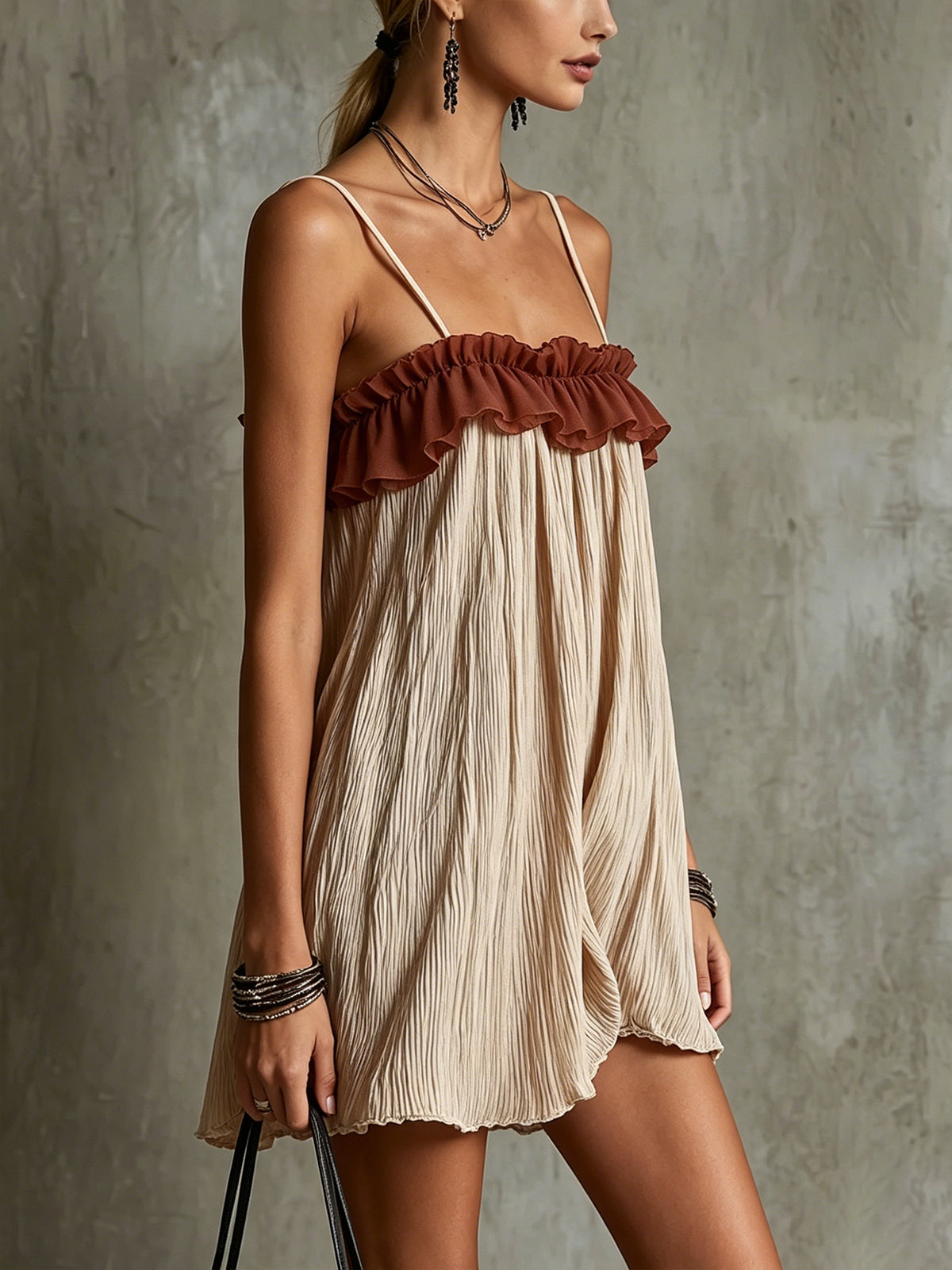 Beige Pleated Spaghetti Strap Mini Dress With Rust Ruffle Detail