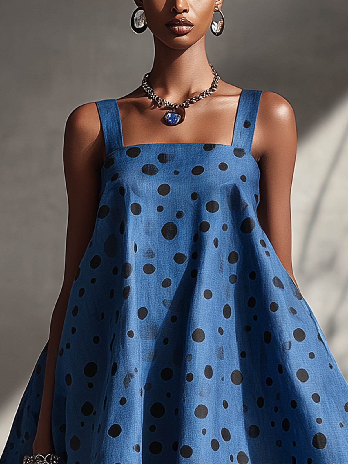 Blue Polka Dot Sleeveless A-Line Mini Dress With High-Low Hem