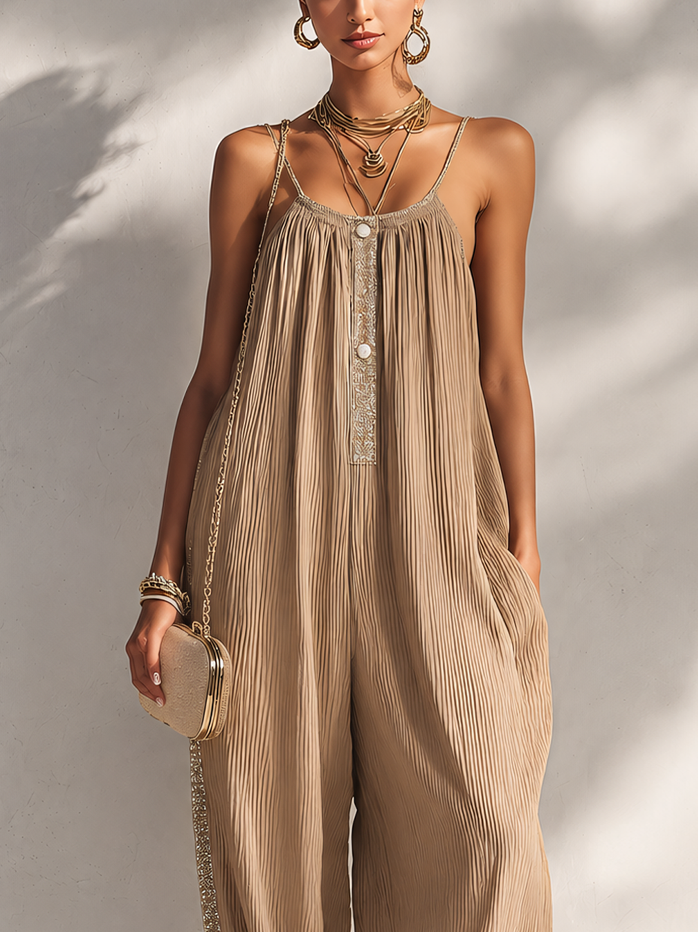 Beige Textured Sleeveless Jumpsuit With Lace Trim And Button