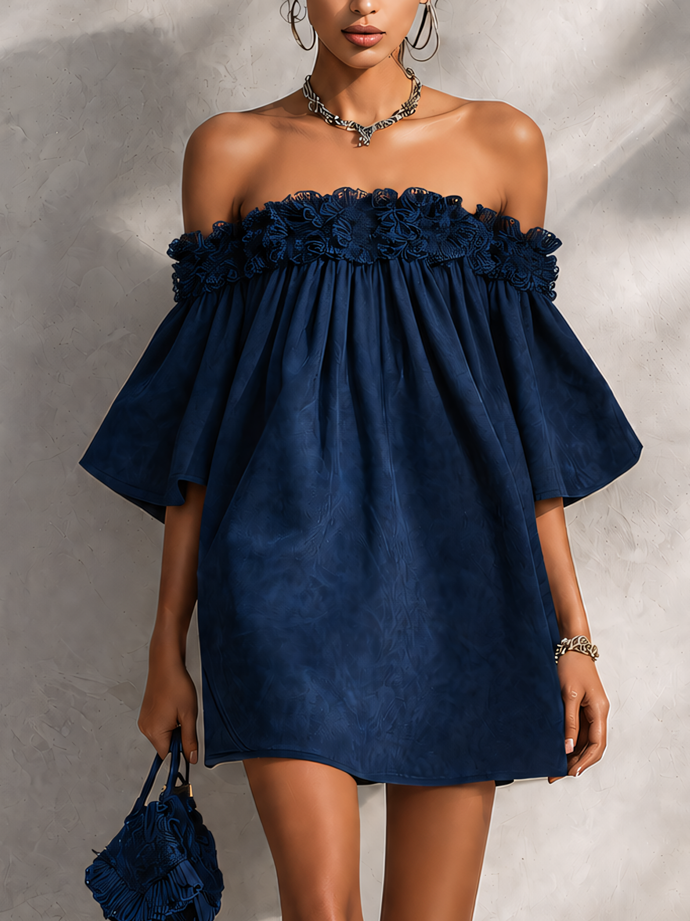 Navy Blue Faux Suede Off Shoulder Mini Dress With Floral Lace