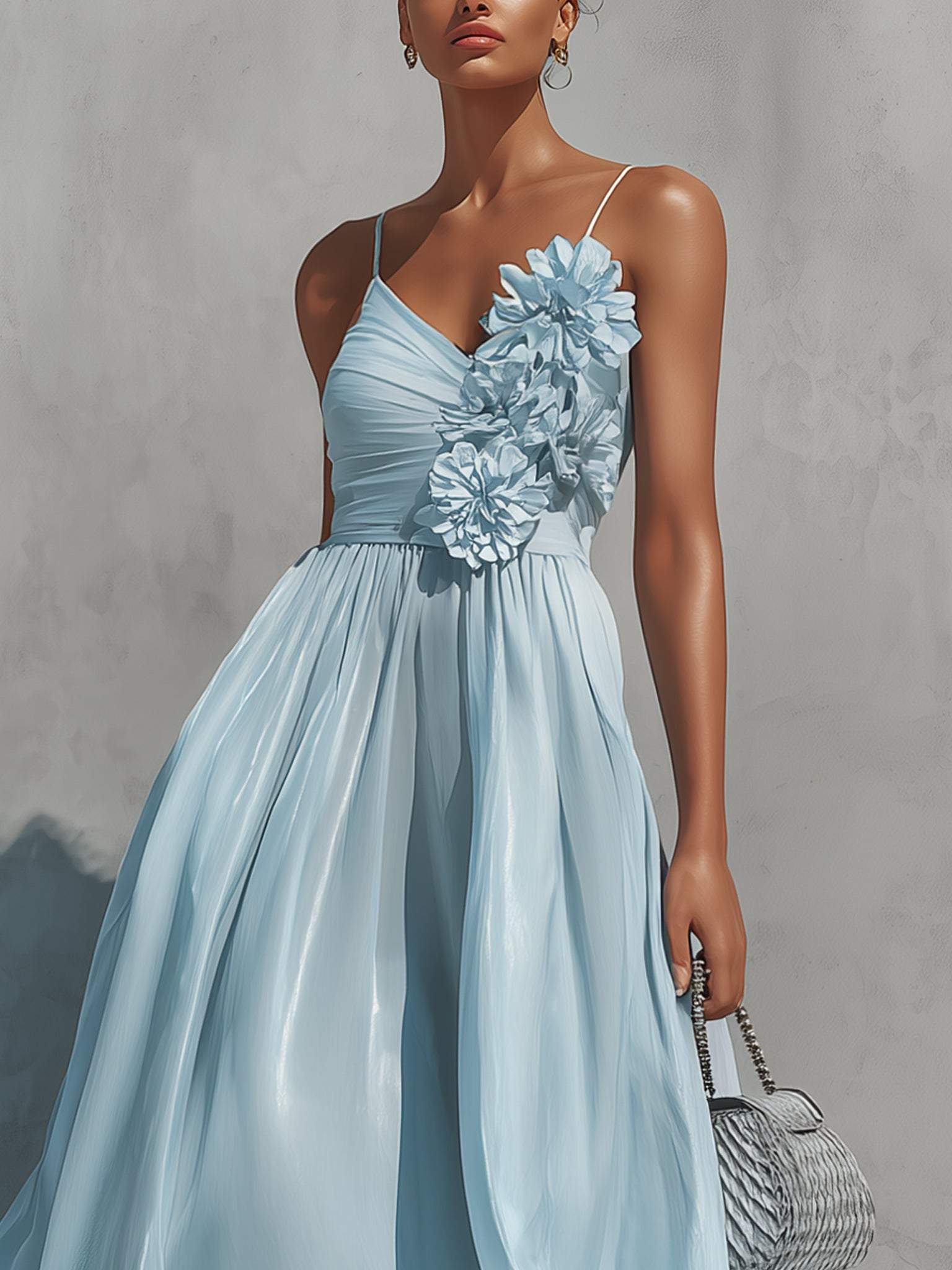 Blue Chiffon 3D Floral Maxi Dress